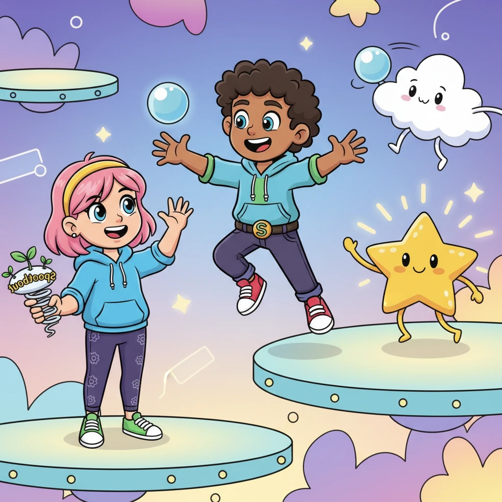 Byte Buddy zoomed into the club, instantly joining a game of bounce-ball with a fluffy cloud creature and a dancing star. He waved happily back at Pixel Penny, who smiled, knowing she had helped another friend connect to the magic. Her work was never done, and she loved every bit of it!