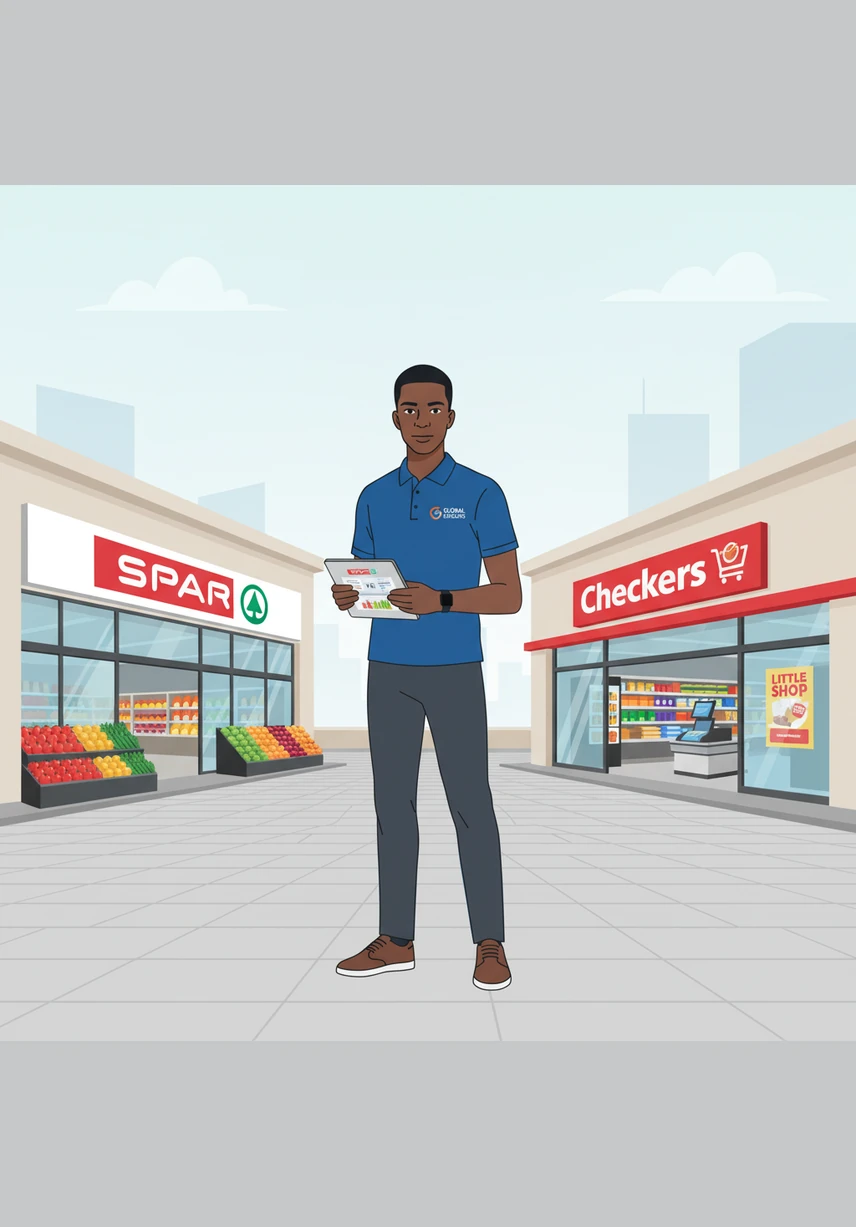 Thabo, an aspiring retail expert, stands between two iconic South African storefronts, ready to compare the local favorite SPAR with the innovative giant Checkers. He holds a digital tablet, prepared to document every detail of their brick and click operations.