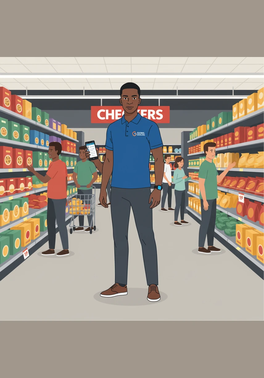 Thabo examines a digital Xtra Savings alert on his phone while standing in a bustling Checkers store. He observes how their data-driven, personalized promotions create a massive surge in sales volume compared to SPAR’s more traditional, paper-based rewards approach.