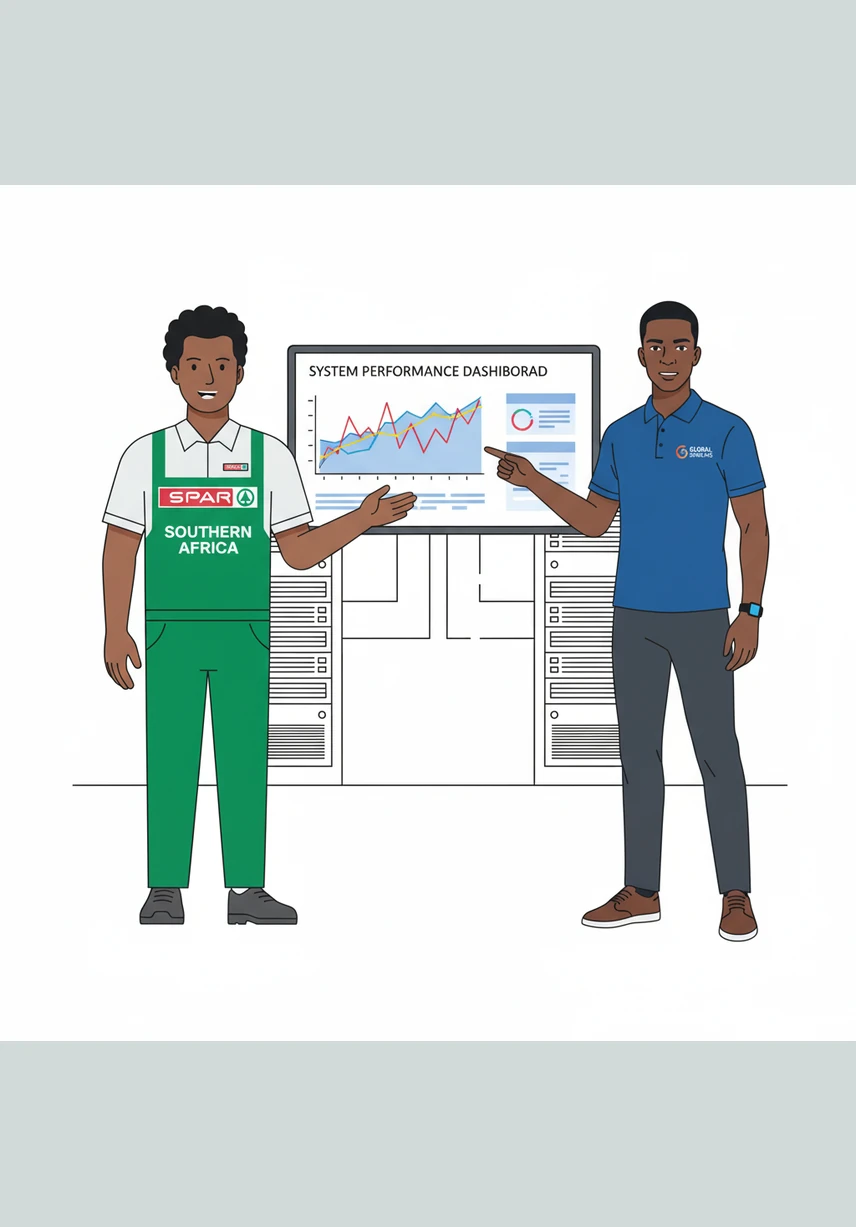 In the technology category, Thabo watches a shopper use a high-tech smart kiosk and automated checkout at Checkers. He notes that Checkers is the clear pioneer in retail innovation, leaving SPAR to play catch-up with their more basic in-store systems.