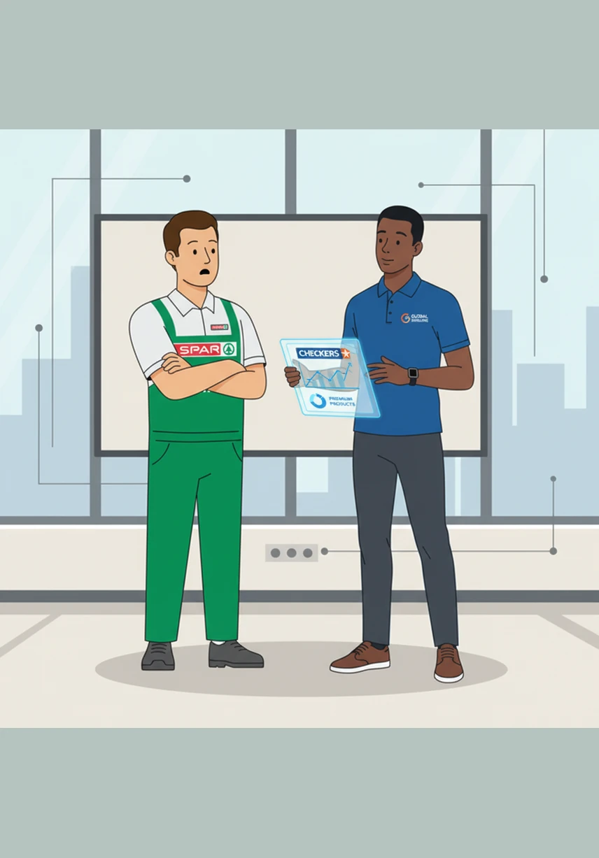 He flips his digital chart to show the Checkers strategy, highlighting their dominance in digital integration and premium product development. Thabo concludes that for the modern, tech-savvy consumer, Checkers offers a more compelling and futuristic shopping experience.