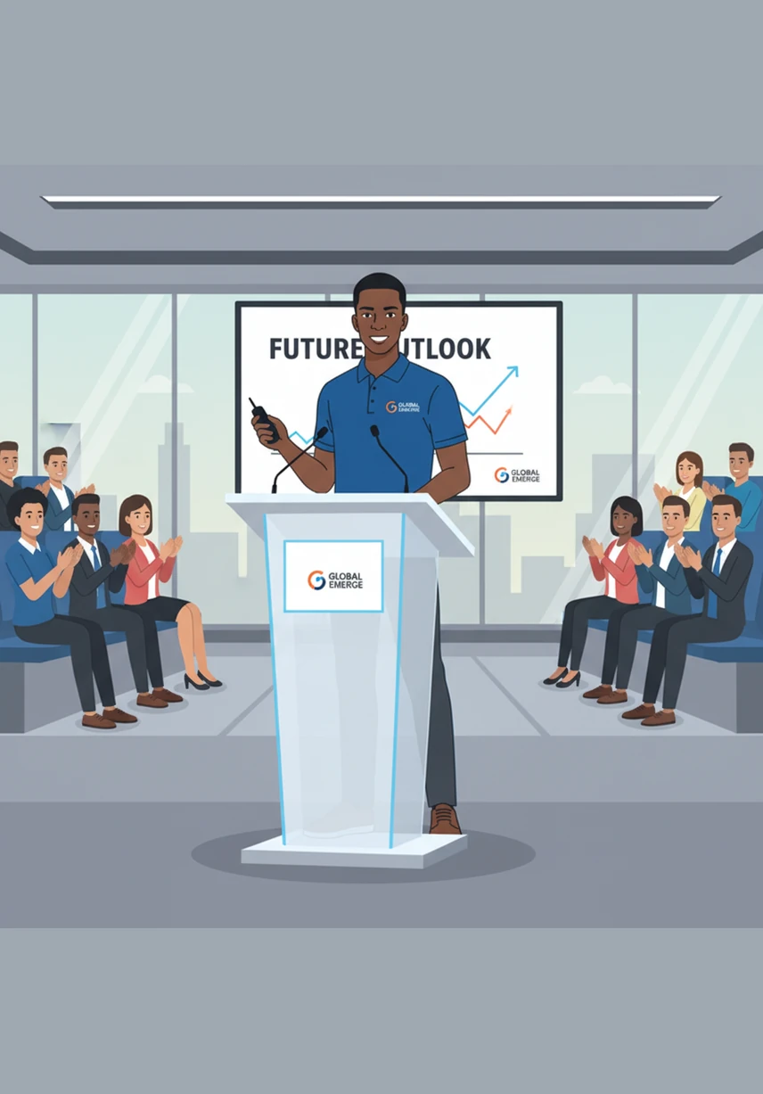 Thabo finishes his presentation at a brightly lit podium, concluding that while both retailers are South African icons, Checkers currently holds the competitive edge. He realizes the retail race is far from over, as both brands continue to evolve in the dynamic brick and click landscape.