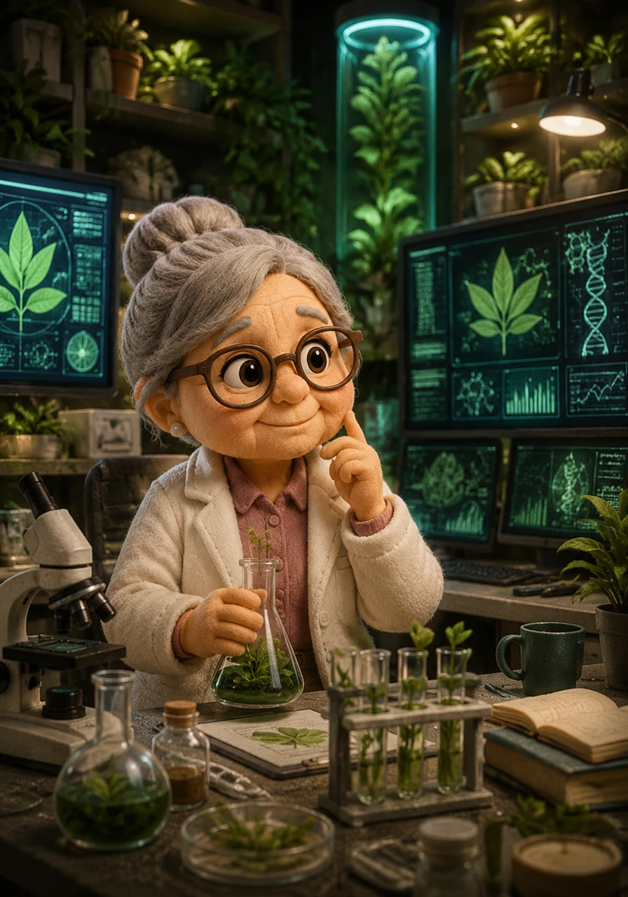 Dr. Mbok Sari, a brilliant retired botanist with thick glasses and a lab coat, works happily in her state-of-the-art home laboratory filled with glowing green plants and high-tech monitors. She loves her advanced research into organic genetic engineering, but she deeply feels the lack of a smart assistant to help manage her complex data and growing workload.