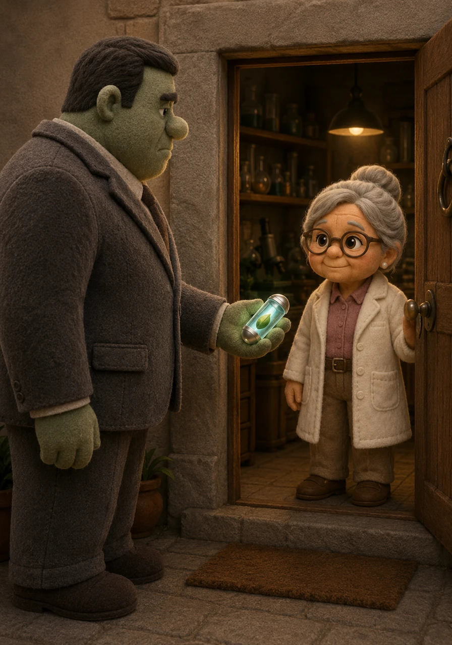 A tall, imposing man in a sharp, expensive business suit named Mr. Kadir knocks on Mbok Sari's laboratory door. His skin has a distinct greenish tint, and he hands over a sleek, glowing bio-capsule containing a magical cucumber seed on behalf of his corporate employer, the Green Master company.
