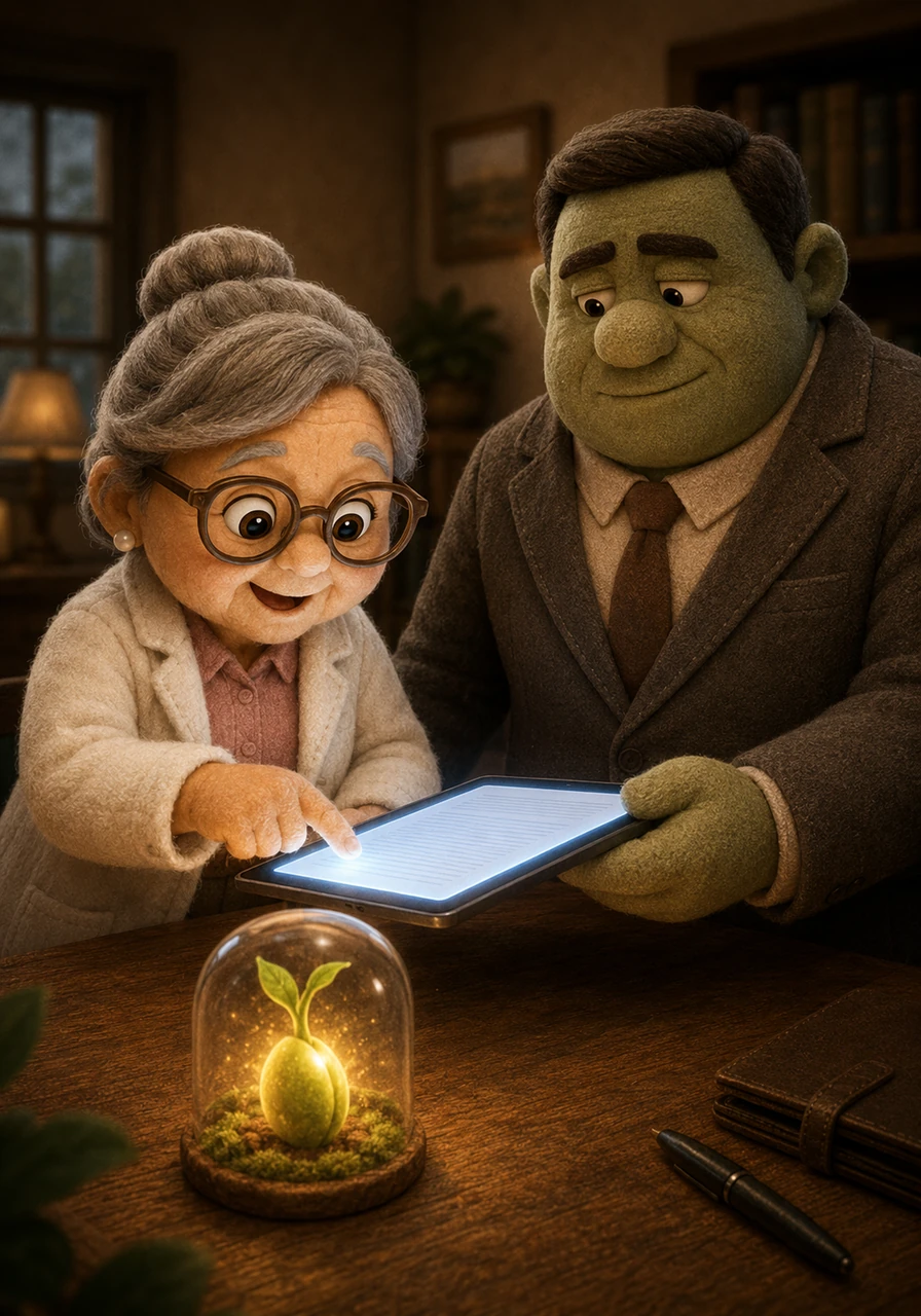 Mbok Sari excitedly signs a digital contract on Mr. Kadir's tablet, completely hypnotized by the biological potential of the glowing seed. She is so focused on the main terms that she entirely misses the microscopic legal footnotes on the back page, which claim ownership of the final creation when she turns seventeen.