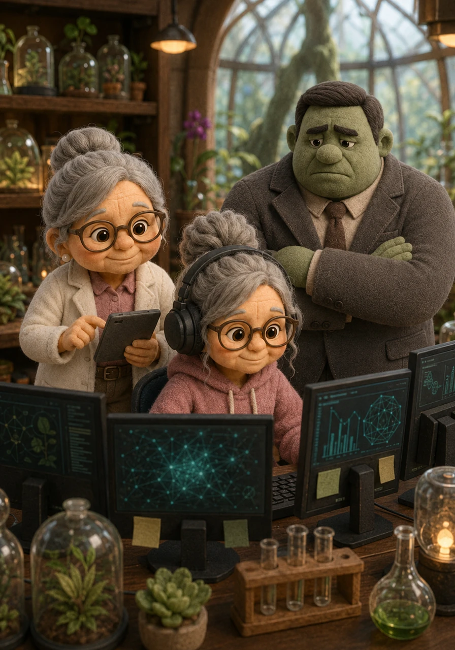 Years pass quickly, and the seed grows into Kemala, a brilliant, tech-savvy teenager who wears oversized headphones and works tirelessly on multiple computer screens. Instead of playing in forests, Kemala spends her childhood mastering advanced data coding and assisting Mbok Sari with revolutionary botanical equations.