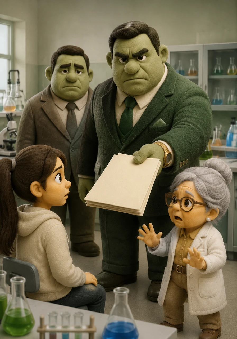 On Kemala’s seventeenth birthday, Mr. Kadir returns with his intimidating boss, Mr. Ijo, a massive, wealthy corporate tycoon dressed in an expensive green suit. They abruptly enter the lab with legal paperwork in hand, ready to seize Kemala as a permanent corporate asset for their private office.