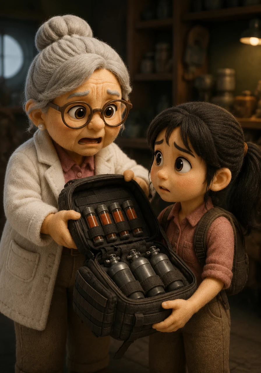 Terrified of losing her beloved daughter and assistant, Mbok Sari panics but quickly hands Kemala a high-tech tactical backpack. Instead of traditional folklore items, this survival kit is packed with specialized scientific defenses, including highly concentrated chili powder capsules and pressurized shrimp paste gas canisters.