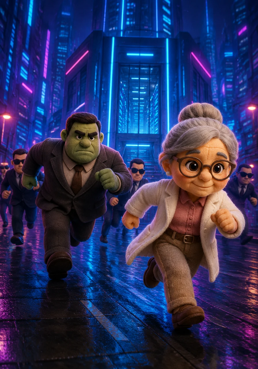 Kemala darts out of the house, bypassing the woods and sprinting directly toward the neon-lit city data center with Mr. Ijo and his corporate guards chasing closely behind. She maneuvers through the high-tech urban streets, using her brilliant mind to plan her next strategic move against the corporate giants.
