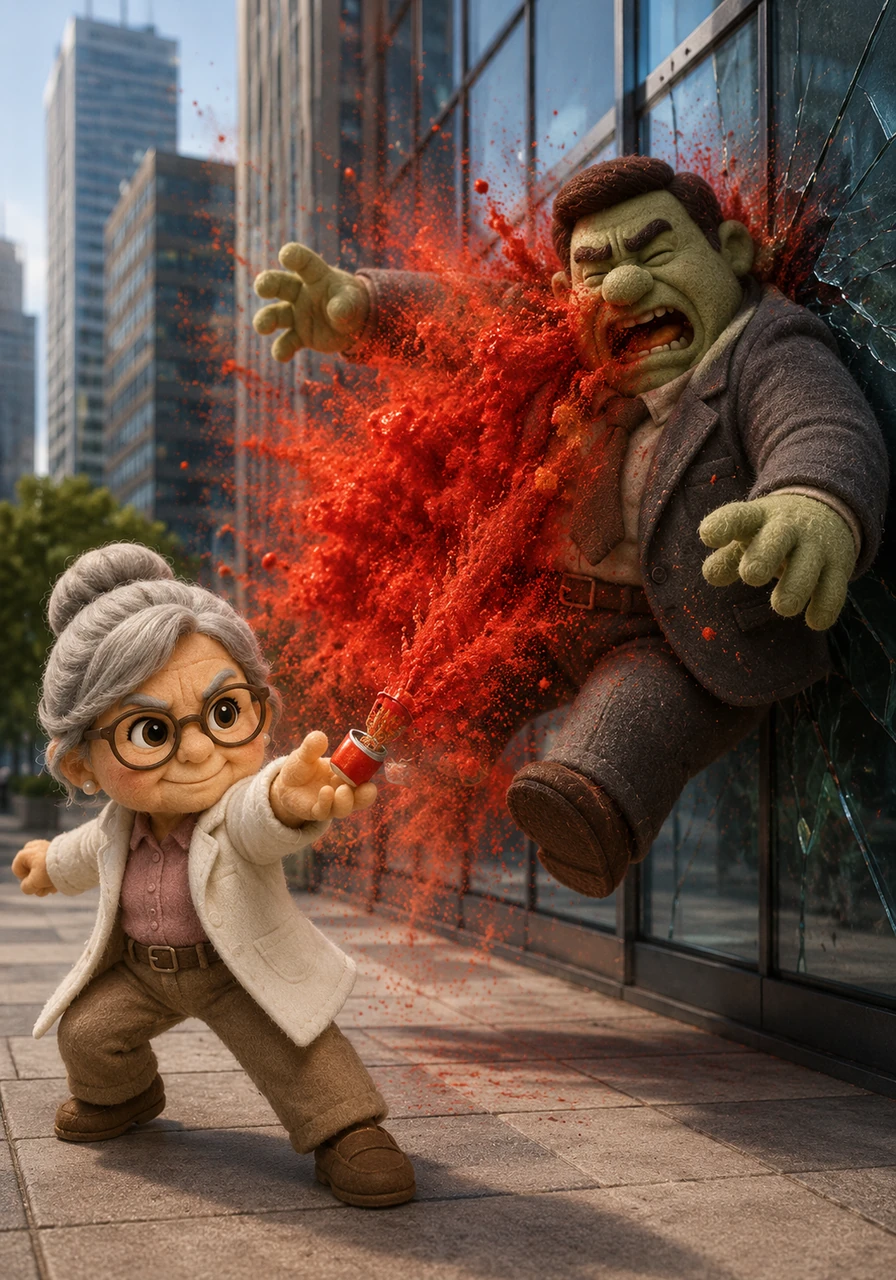 As Mr. Ijo closes the distance, Kemala swiftly deploys the advanced chili powder capsules right in his path. The capsule explodes into a dense, fiery red cloud, blinding the corrupt tycoon and causing him to crash heavily into a towering glass skyscraper.