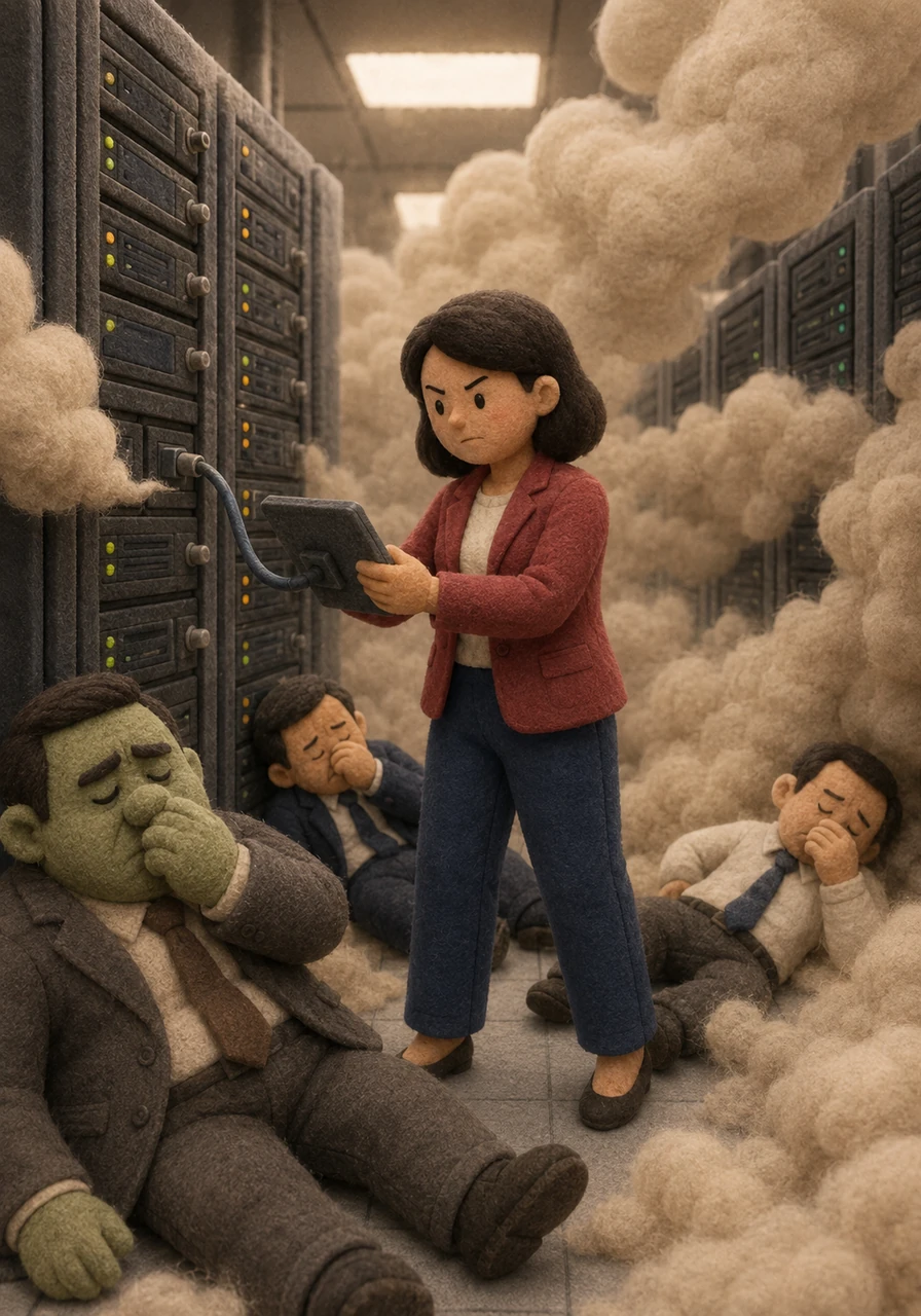 Reaching the core of the data center, Kemala releases the ultimate weapon: a dense wave of pressurized shrimp paste gas that floods the room. The overwhelmingly pungent odor instantly knocks out Mr. Ijo and his corporate minions, allowing Kemala to smoothly download and swipe the company's digital shares.