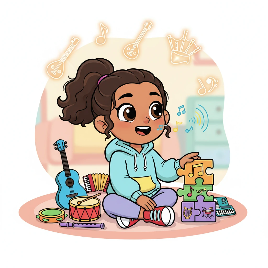 Melody Byte, a girl with bright, curious eyes and a bouncy ponytail, sat amidst a pile of colorful instruments, humming a tune. She dreamed of a place where all her favorite songs, from every corner of the world, could live together. But finding them all felt like a giant musical puzzle.