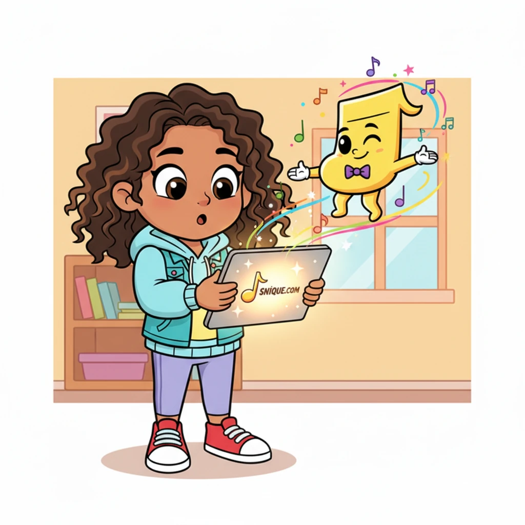 Suddenly, her tablet screen shimmered with a playful sparkle, revealing a vibrant logo: SNIQUE.COM! A friendly, musical note character, named Maestro, popped out from the screen, winking at her. He invited Melody into a world of endless melodies.