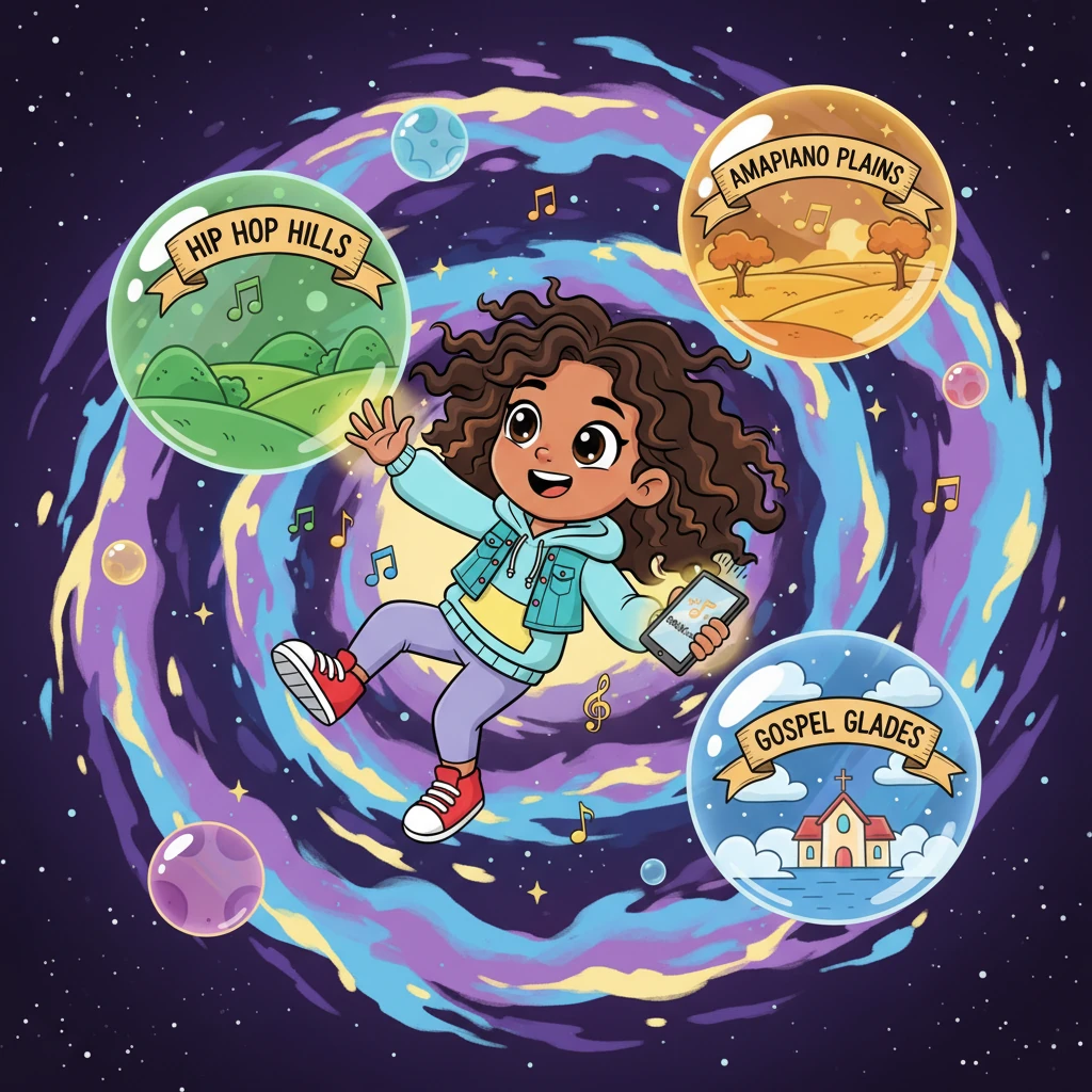 Melody tapped the screen, and whoosh! She tumbled into a swirling galaxy of music genres. Giant, colorful bubbles floated by, each labeled with a genre like "Hip Hop Hills," "Amapiano Plains," and "Gospel Glades," all waiting to be explored. Her eyes widened with delight at the sheer variety.