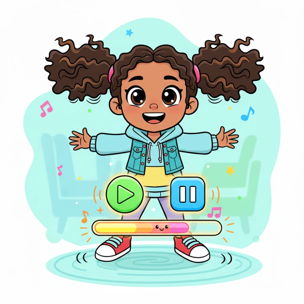 With a happy giggle, Melody chose a bouncy Afrobeat song. The music player appeared, with big, friendly play and pause buttons. She started tapping her feet and spinning around, her pigtails flying, as the progress bar glowed with every beat.