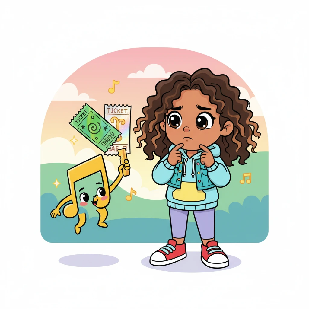 Maestro, the musical note, reappeared, holding two sparkly tickets: a green "Free Fun" pass and a shimmering "VIP Voyage" pass. He explained that some songs were open to everyone, but a special few awaited those who wanted an extra-magical musical journey. Melody considered her options with a thoughtful frown.