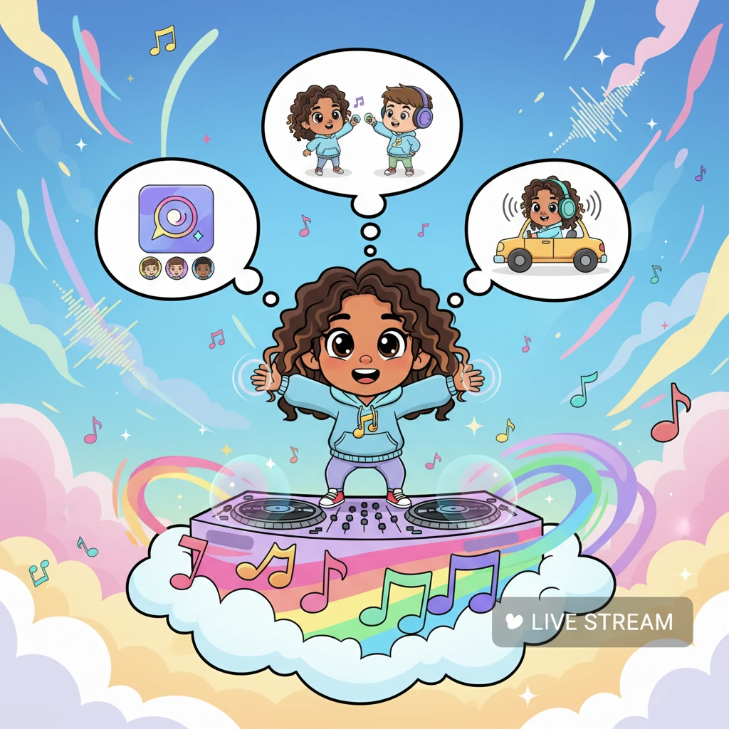 Melody imagined even more amazing things: creating her own playlists, sharing her favorite tunes with friends, and even listening offline during long car rides. She pictured herself as a DJ, mixing songs for her friends in a live stream. The possibilities were endless!