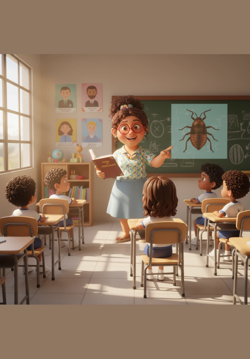 In the vibrant town of Posse, Goiás, Professor Ana gathers her students at the Josefa Barbosa Valente School. Eloyse, Nicolas, Keila, Kesia, and Luiz Felipe listen intently as she introduces a mysterious insect known as the barbeiro, which hides in the shadows of rural homes.