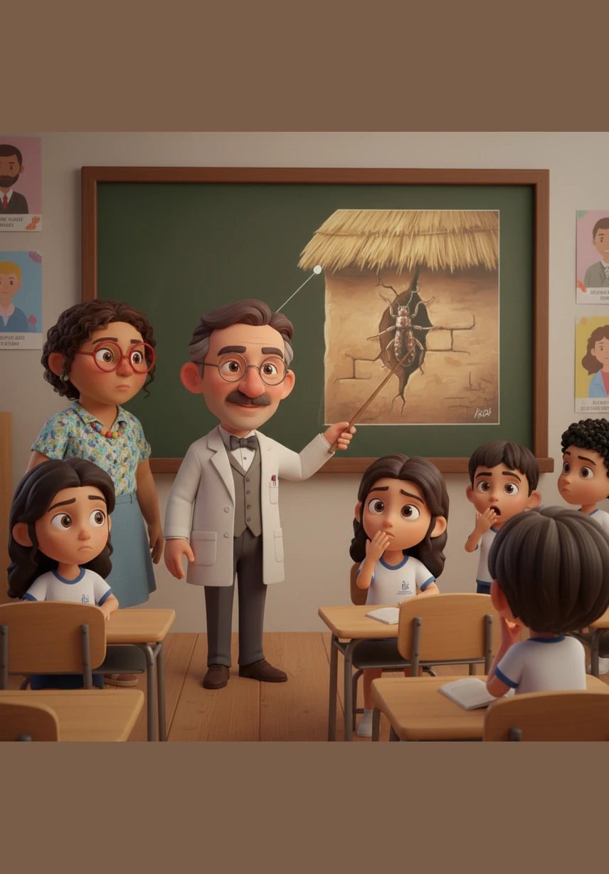 The professor shows a detailed image of the Triatoma infestans, explaining that this small insect likes to hide in the cracks of mud walls and thatched roofs. Nicolas remembers his grandmother talking about the bug that bites at night, and the class realizes the danger might be closer than they thought.