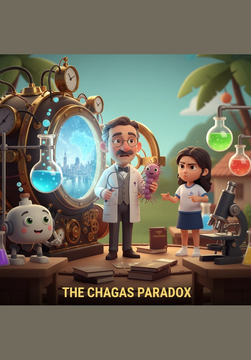 To understand how to fight it, the class travels back in time through the professor's story to meet the brilliant scientist Carlos Chagas. In his early 20th-century laboratory, the determined doctor works tirelessly with his microscope to solve a medical mystery that was affecting thousands of workers.