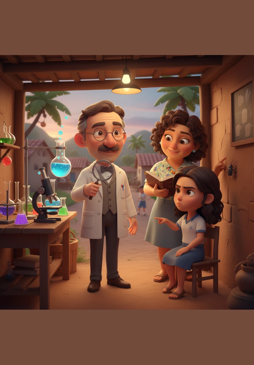 Carlos Chagas visits rural villages, observing how many people suffer from heart problems and fever. He notices the barbeiro insects living inside the houses and begins to connect the dots between the environment, the insect, and human health.