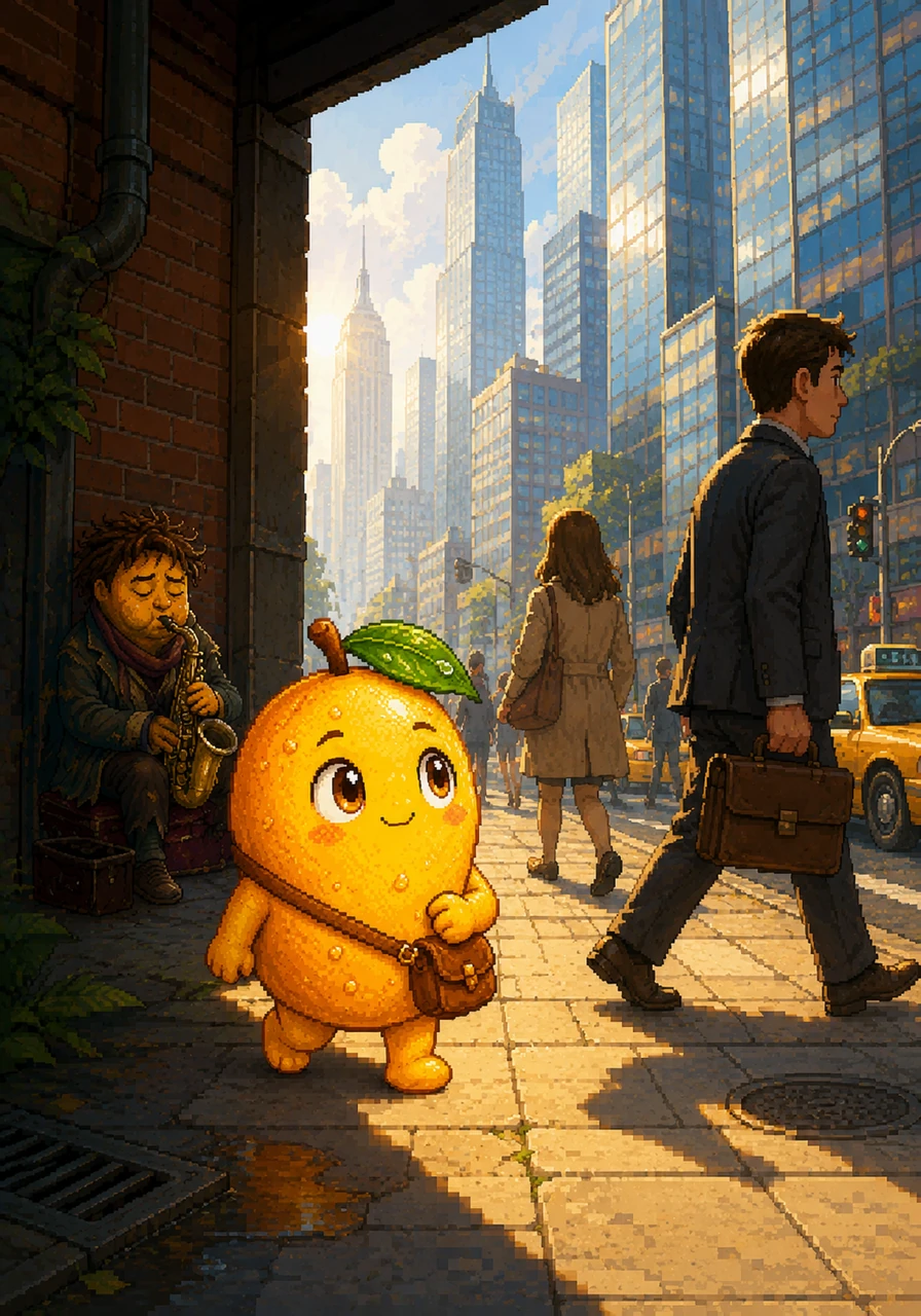 Milo steps out from the shadow of a quiet alleyway onto a sun-drenched metropolitan sidewalk. His golden skin glows under the morning light as he adjusts his tiny satchel, looking up at the glass giants that touch the clouds. Around him, the city hums with the rhythmic pulse of early morning commuters and distant sirens.