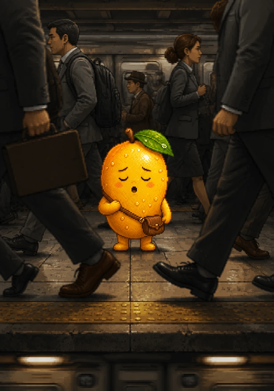 He navigates through a forest of rushing legs and polished shoes, feeling like a small splash of color in a sea of grey suits. Milo speaks softly to himself, practicing the words he wants to say to the world, his voice nearly lost in the roar of the passing subway beneath his feet. The realistic lighting catches the dew on his skin, making him shimmer against the concrete.