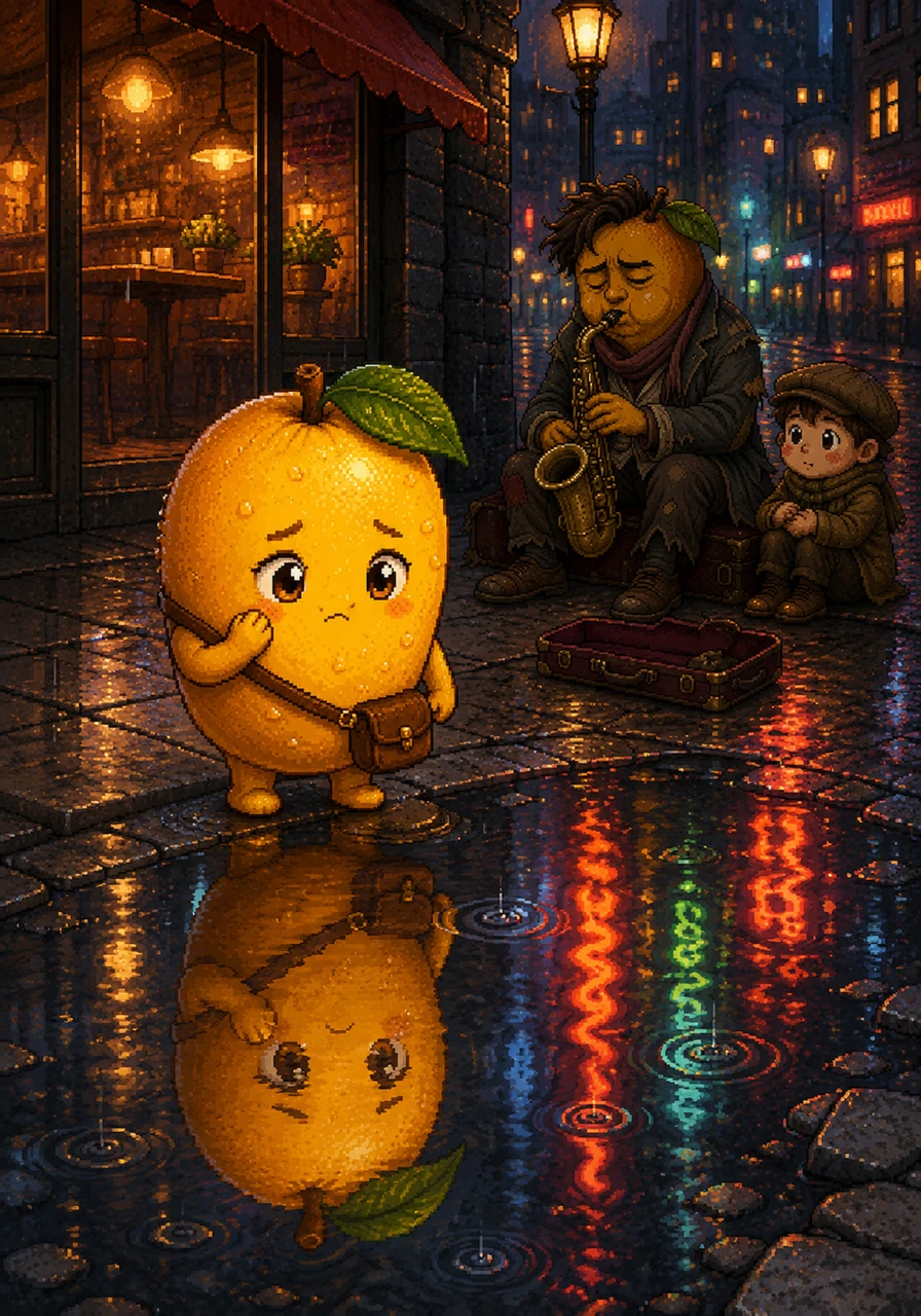 Stopping by a clear rain puddle, Milo pauses to look at his reflection beside the distorted neon signs of a nearby cafe. He touches his cheek, wondering if a simple fruit can ever truly belong in a world built of steel and cold stone. The sadness in his eyes is palpable, mirrored in the shimmering ripples of the water.