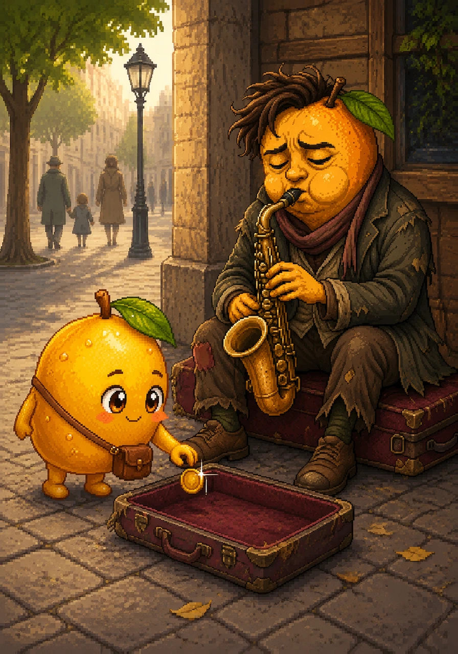 Milo passes a street musician sitting on a tattered velvet case, playing a soulful melody on an old saxophone. The mango stops and listens, his heart swelling with the music that seems to tell his own story of loneliness and hope. He drops a small, shiny button into the case, the only treasure he has to give.
