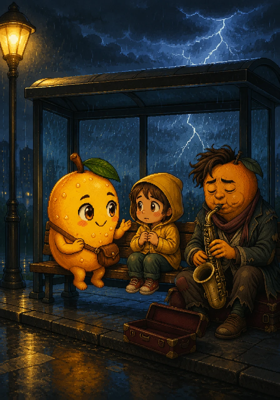 In the midst of the storm, Milo notices a small child sitting alone on a bus stop bench, looking frightened by the thunder. He hops over and strikes up a conversation, his warm and human-like expressions immediately easing the child's fear. They talk about the stars that hide behind the clouds and the sweetness of summer days.