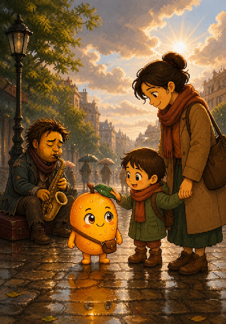 As the rain tapers off, the child’s mother arrives, and they share a grateful smile with the little mango before departing. Milo realizes that his presence, though small, brought a moment of peace to a chaotic afternoon. He feels a new spark of confidence warming his core, brighter than the sun beginning to peek through the clouds.