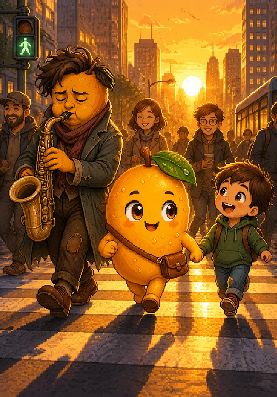 The evening sun turns the city into a canyon of gold, casting long, dramatic shadows across the crosswalk. Milo walks with a rhythmic stride, no longer hiding from the crowd but moving with them as part of the urban symphony. His vibrant orange hue stands out as a symbol of life amidst the industrial landscape.