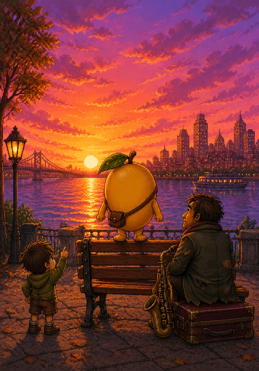 He climbs to the top of a park bench overlooking the river, watching the sunset paint the sky in shades of violet and crimson that match his own inner warmth. He reflects on his journey through the busy streets, realizing that belonging isn't about being the same as everyone else. It is about sharing your unique flavor with the world.