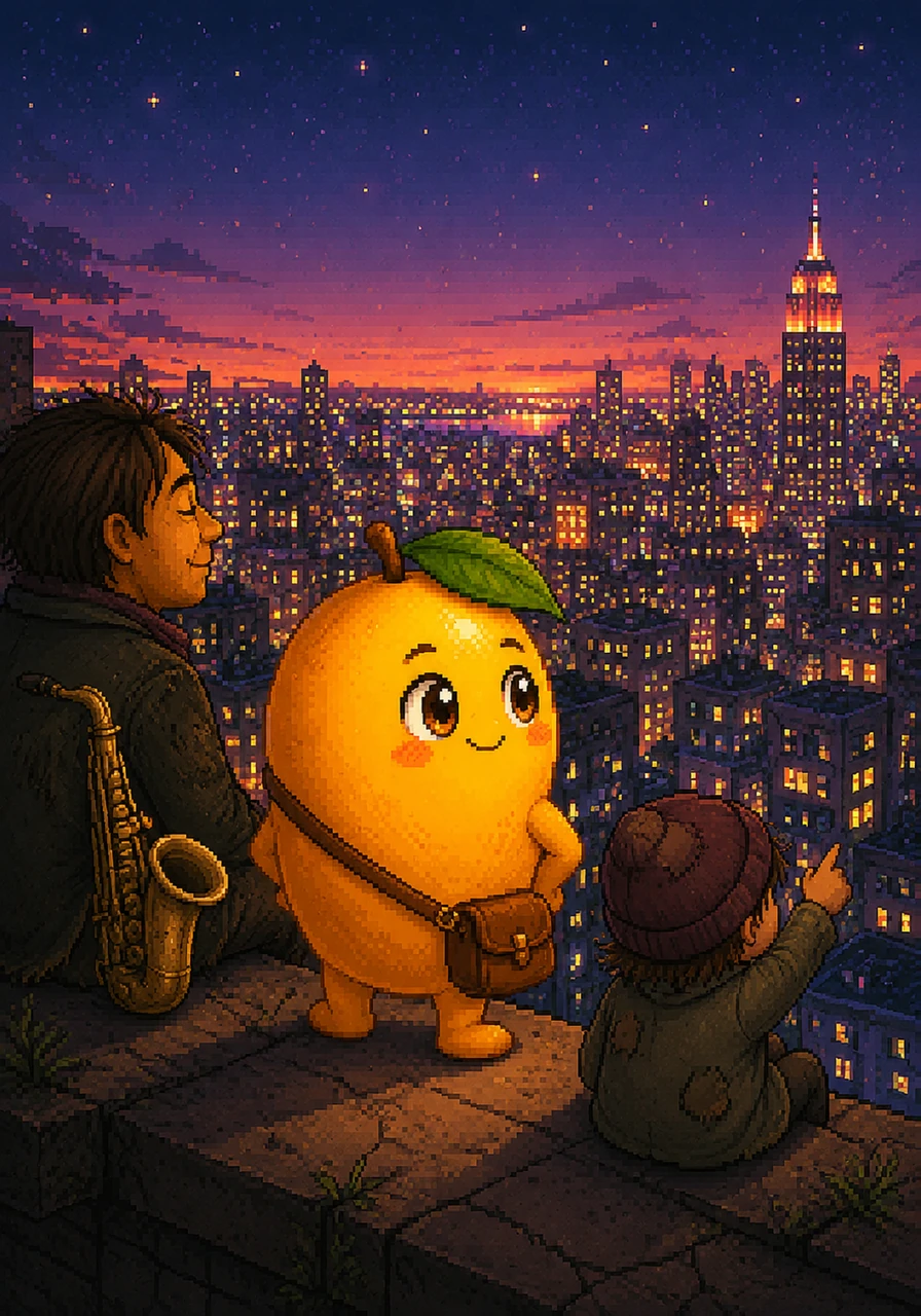 As the first stars blink into existence above the skyscraper peaks, Milo looks out at the glowing city with a determined grin. He is a mango with a soul, a wanderer in a concrete jungle, and he is finally home. The city lights twinkle like a thousand possibilities laid out before him.