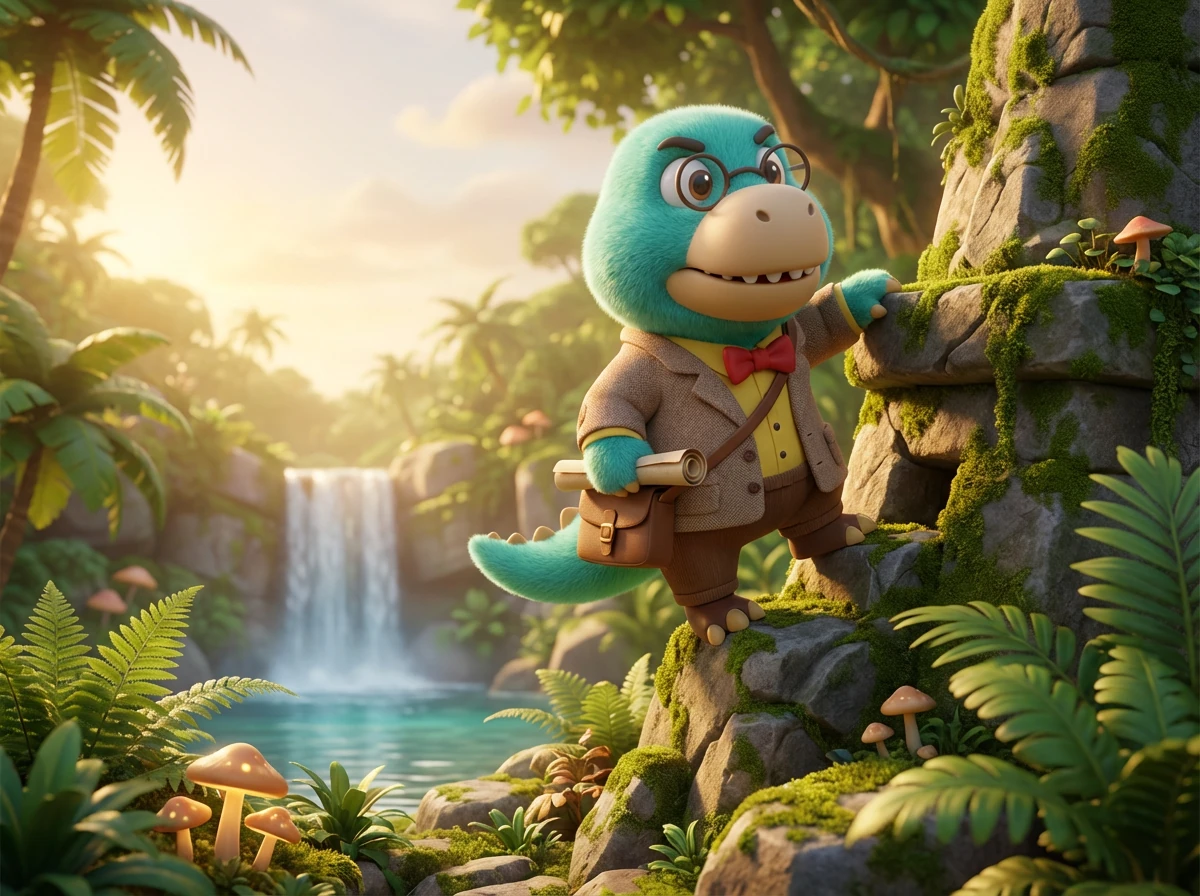 The Spinosaurus, with its immense sail-fin, stands in a swampy river, a wrecked boat piece nearby. It surveys its territory, king of the swamp, a powerful and fearsome predator.
