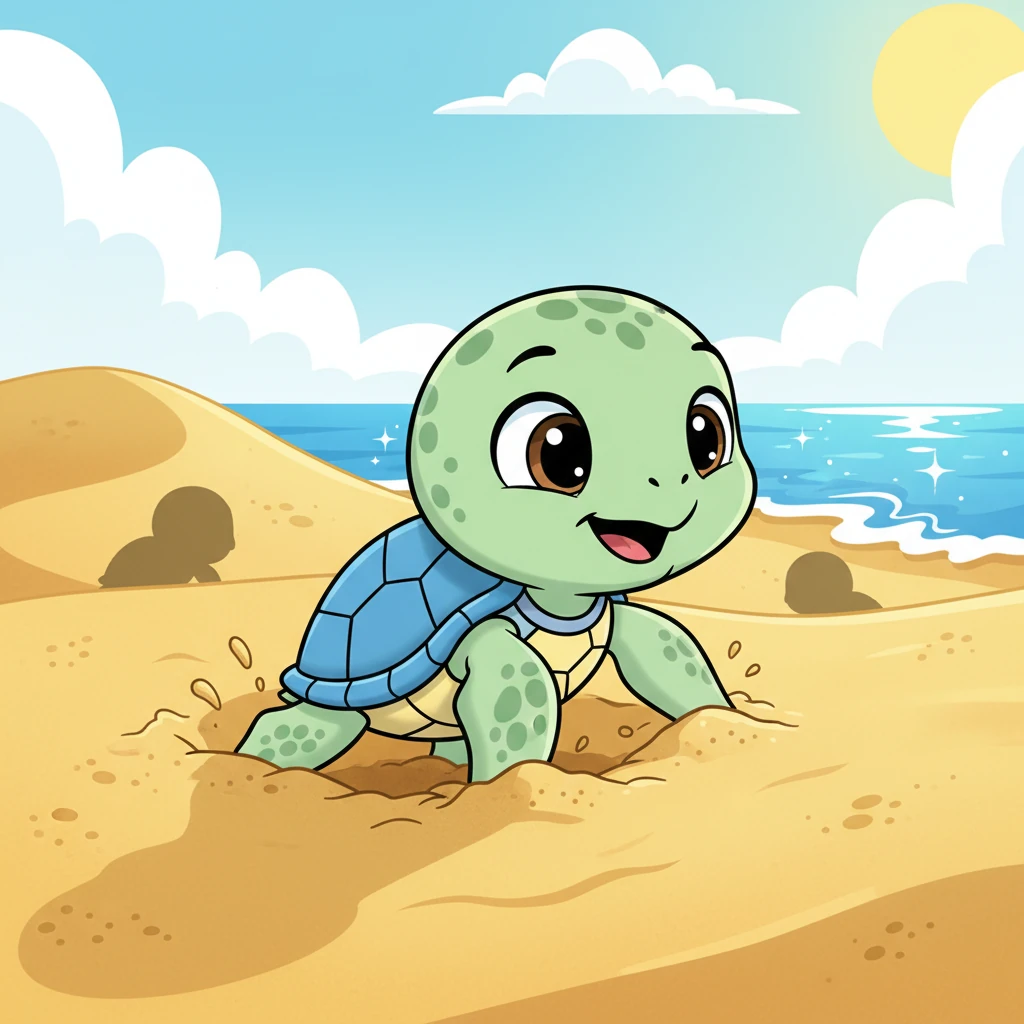 Shelly the baby sea turtle wiggled out of her sandy nest. Her tiny flippers pushed and pulled, eager to reach the sparkling blue water. The warm sun kissed her shell as she made her brave journey towards the ocean's edge.