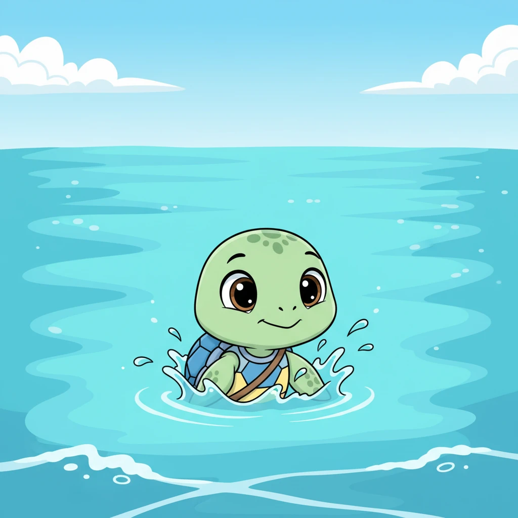 With a plucky splash, Shelly dipped into the cool, clear waves. The vastness of the ocean stretched out before her, a thrilling new world waiting to be explored. She took a deep breath of salty water, her eyes wide with wonder.