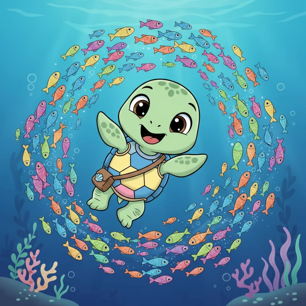Soon, Shelly encountered her first marvel: a swirling school of tiny, rainbow-colored fish. They darted and danced in unison, their scales glittering like confetti. Shelly giggled, trying to swim through their playful formation.