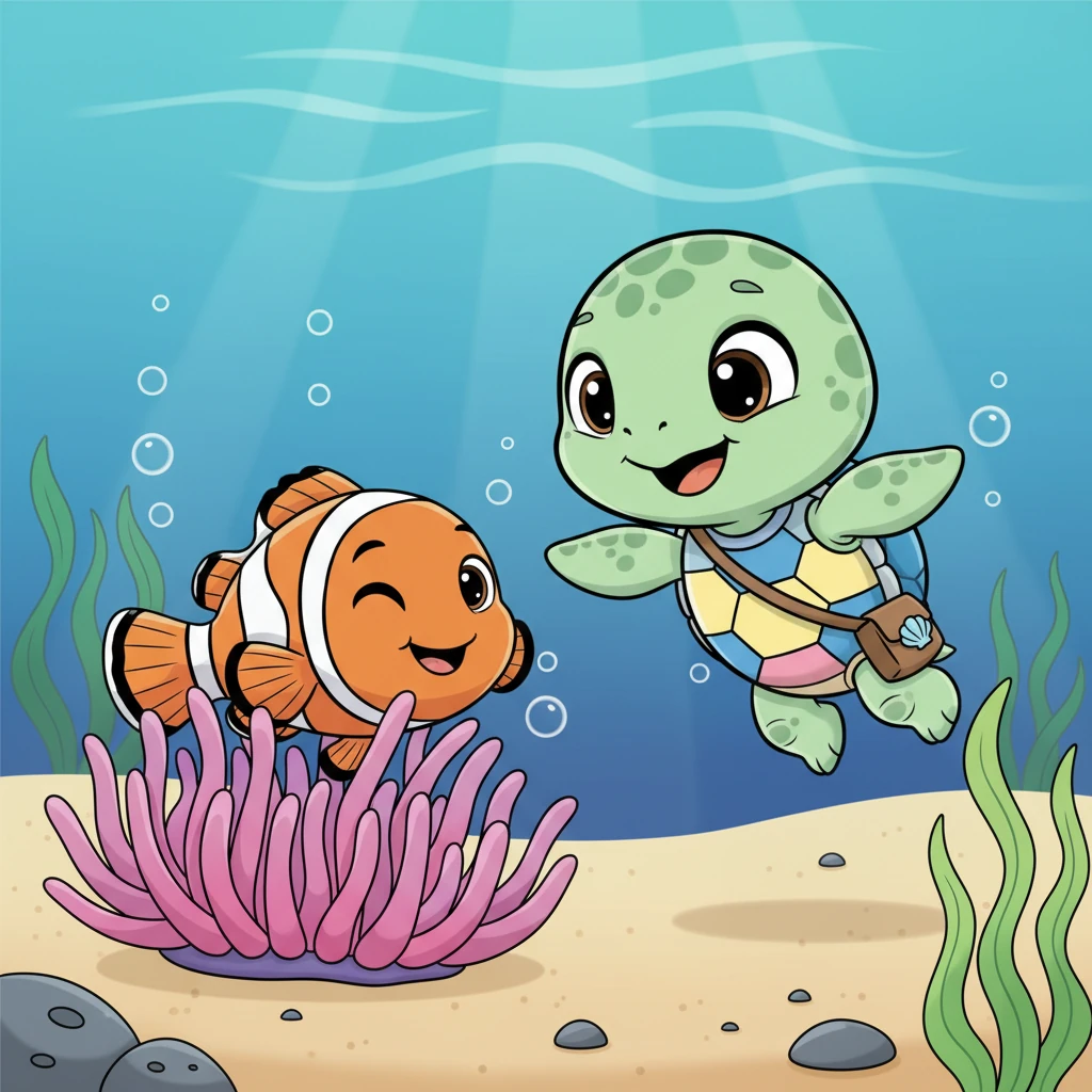 A friendly, chubby clownfish with bright orange stripes peeked out from an anemone. It played a game of peek-a-boo with Shelly, winking mischievously. Shelly chased its tail playfully, feeling a warmth of friendship in the big ocean.
