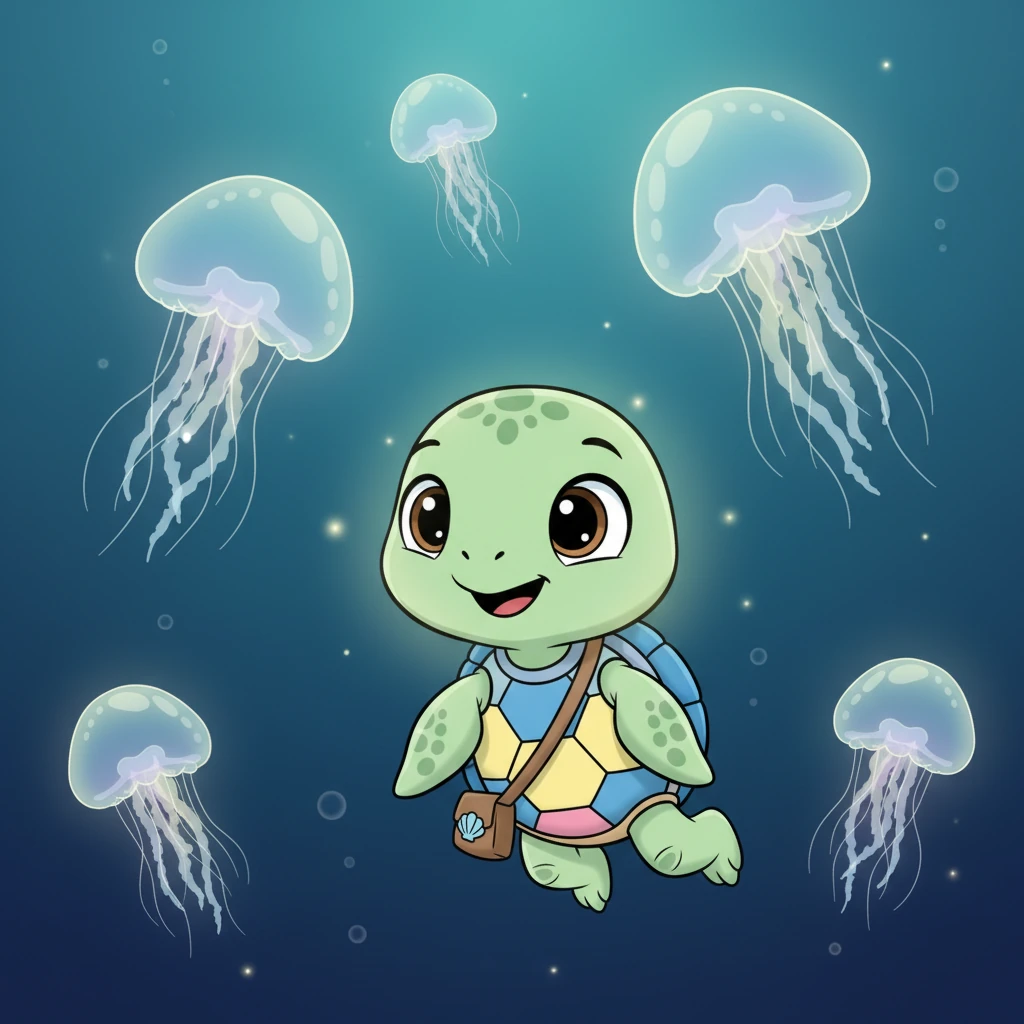 As Shelly swam deeper, the light softened, and gentle, glowing jellyfish drifted past. Their translucent bodies pulsed with a soft, magical light, making the deep sea feel like a dream. Shelly watched them float by in silent awe.