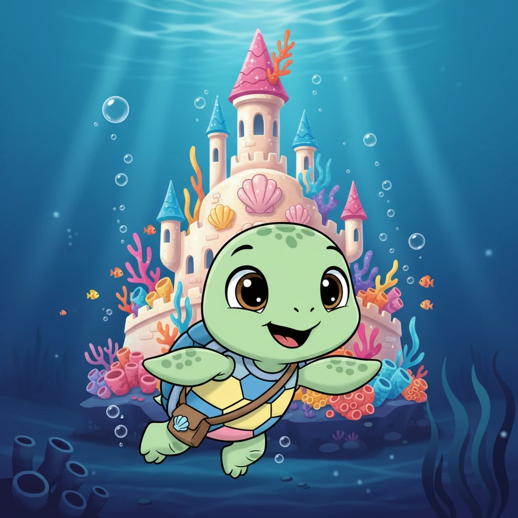 Then, a magnificent sight appeared in the distance – a shimmering, towering structure. It was an underwater castle, adorned with pearlescent shells and vibrant coral spires. Mystery and excitement bubbled up inside Shelly.