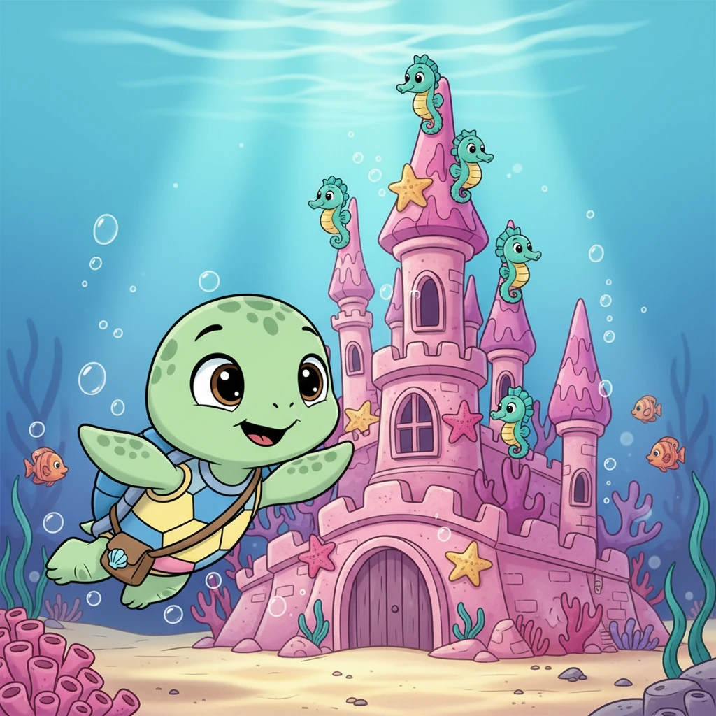 Shelly swam closer, her heart thumping with curiosity. The castle walls were intricately carved, home to tiny seahorses and sparkling starfish that decorated its whimsical turrets. It looked like something straight out of a fairy tale.