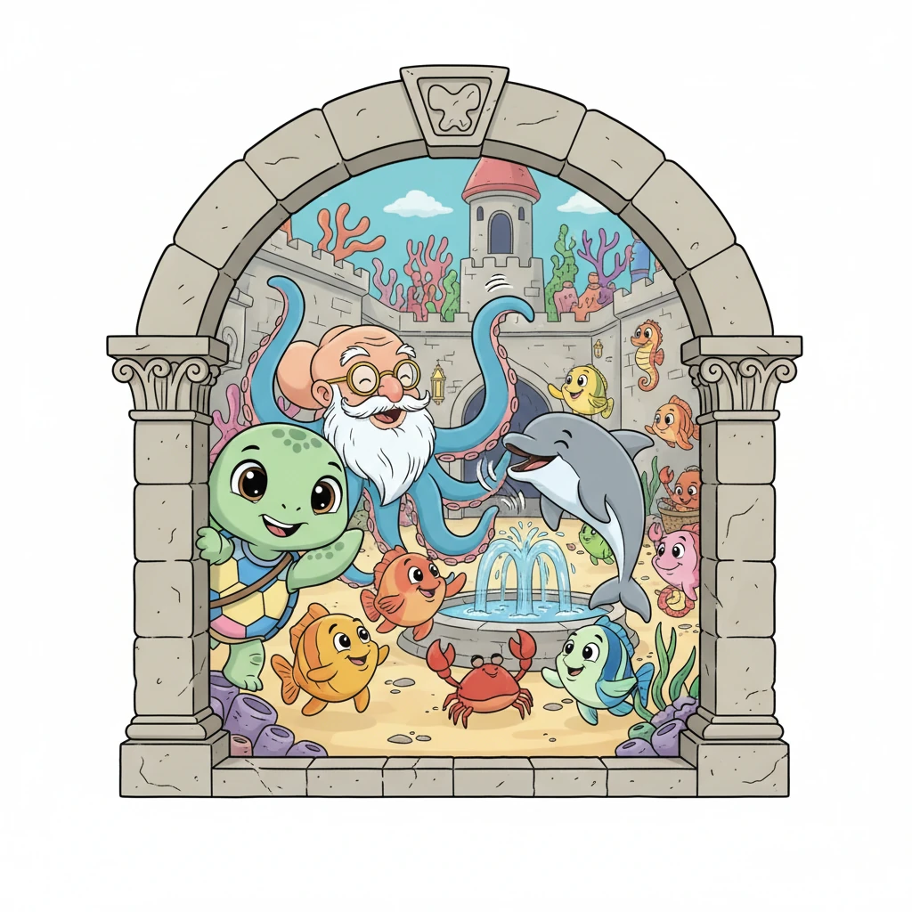 Peeking through a grand archway, Shelly saw friendly creatures bustling inside. A wise old octopus waved a tentacle, and a playful dolphin gave a cheerful click. The castle was alive with happy residents.