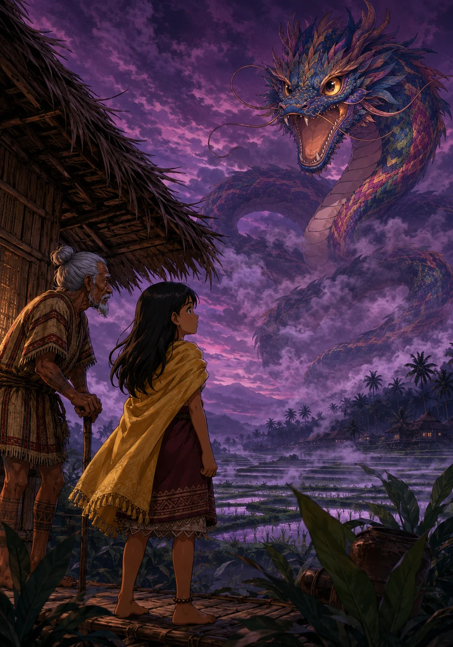 In the ancient land of the islands, the sky was a canvas of endless violet dusk where neither sun nor moon ever rose. Young Tala stood by her family's nipa hut, watching the silver mist roll over the silent rice fields and the unmoving trees.