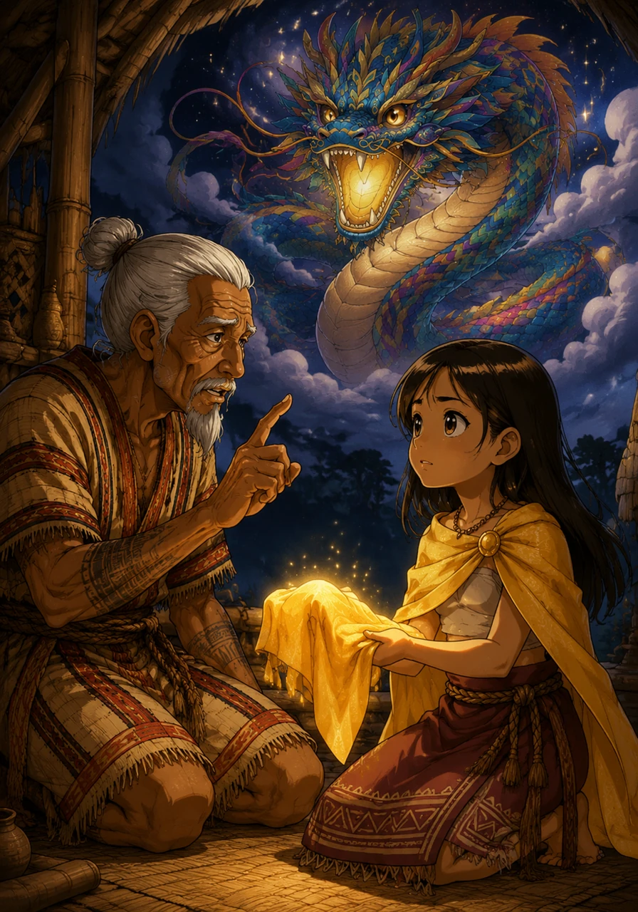 Tala brought the glowing cloth to the village elder, who whispered ancient stories of the Bakunawa, the giant serpent that had swallowed the celestial lights. He told her that only a heart full of courage and a gift of light could find the path to the sky's hidden hearth.