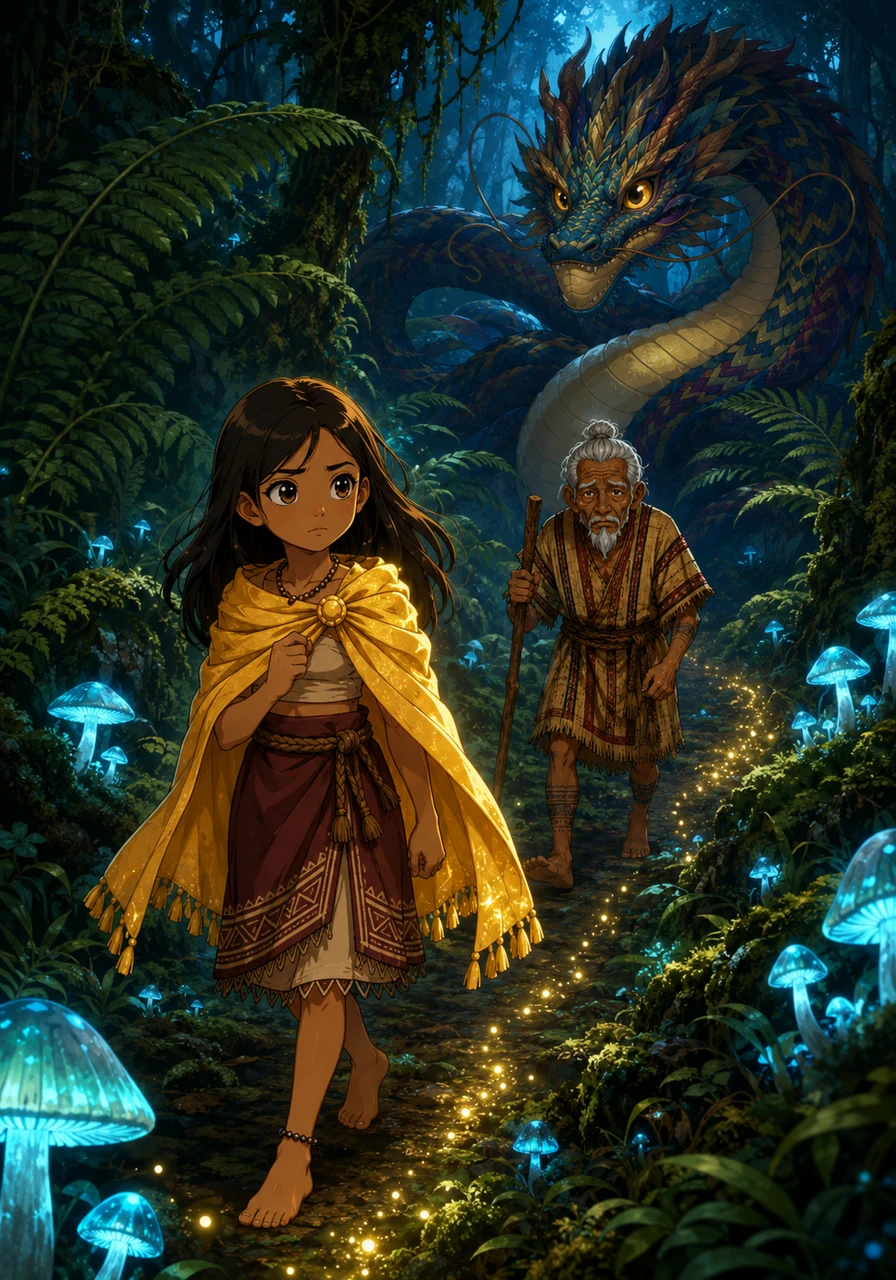 With the golden cloth wrapped safely around her shoulders, Tala ventured into the deep, emerald forest where the giant ferns stood as still as stone. The bioluminescent mushrooms cast long, dancing shadows across the mossy floor as she followed a trail of faint stardust.