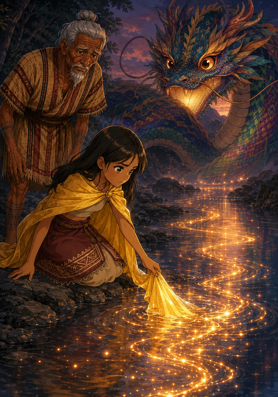 She reached the banks of a mirror-still river where the water didn't flow but hummed a mournful, low tune. As Tala dipped the corner of her golden cloth into the water, the surface began to ripple with sparks of forgotten fire, lighting the path forward.