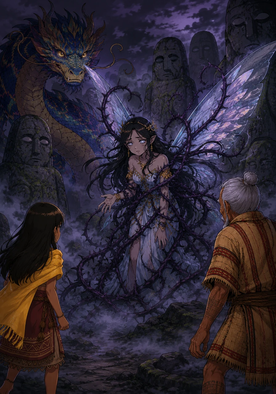 In a clearing filled with ancient stone spirits, a graceful Diwata appeared from the mist, her wings tangled in thick, thorny vines of shadow. The spirit’s eyes were dim and clouded, reflecting the sorrow of a world trapped in an eternal, eerie evening.