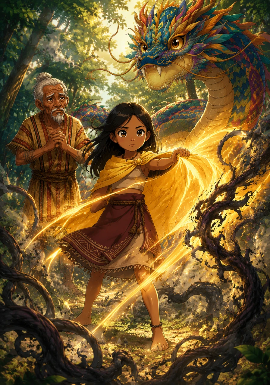 Tala used the glowing golden cloth to gently unravel the heavy shadows, each thread of light cutting through the darkness like a warm summer breeze. As the vines dissolved into smoke, the forest breathed a great sigh of relief and the air began to tingle with new energy.