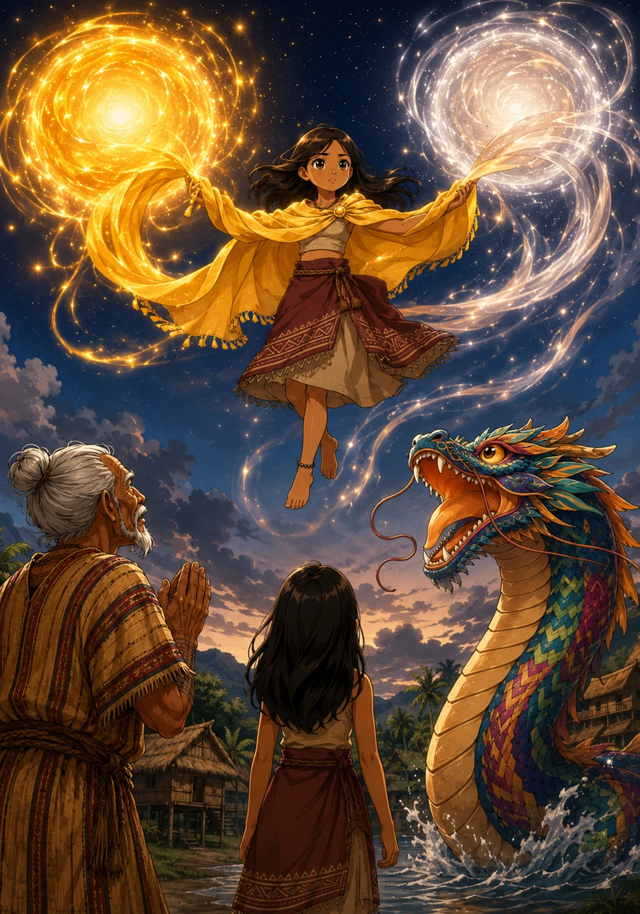 The grateful Diwata rose high into the air, taking Tala’s golden cloth and spinning it into two magnificent spheres of light that climbed toward the heavens. One sphere burned with a fierce, warming gold, while the other glowed with a gentle, protective pearly silver.